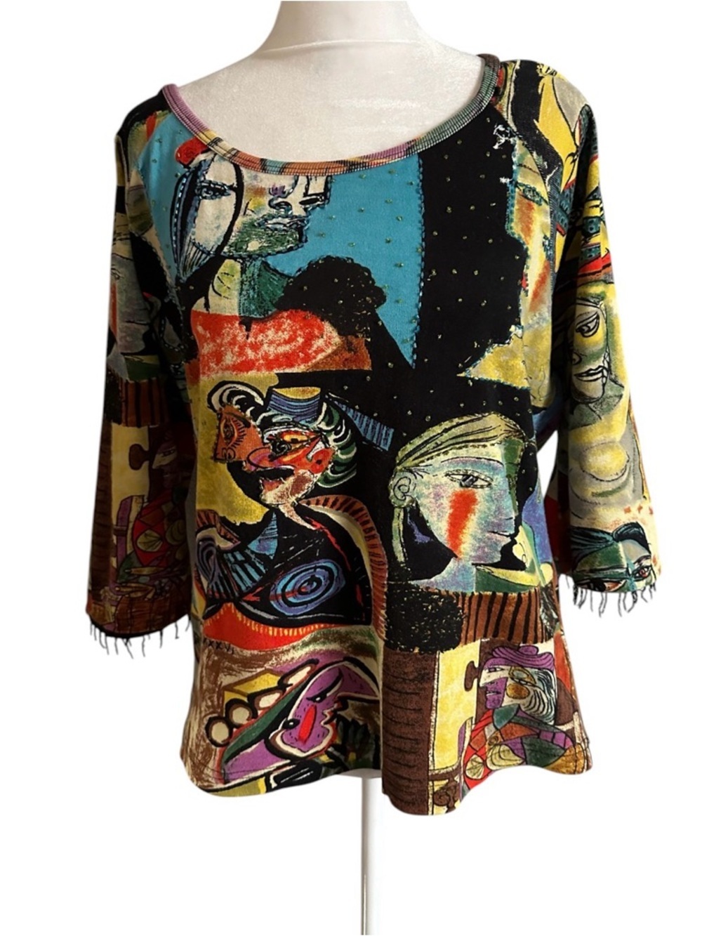 Kaktus vintage Abstract Multicolor Scoop Neck Women's Top size L beaded front - Picture 1 of 10